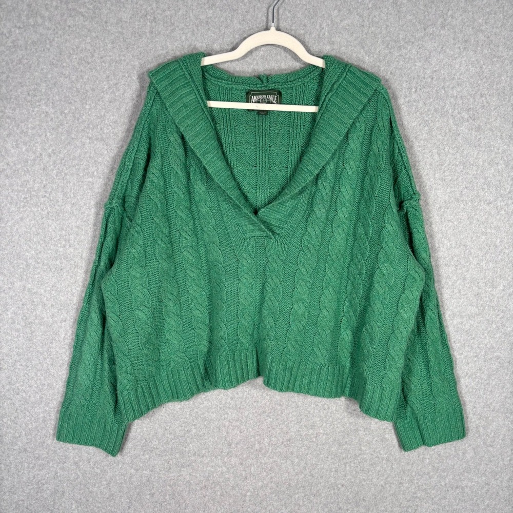 American Eagle Chunky Cable Knit Hooded Sweater XL Crop Preppy Y2K Pullover‎ 00s